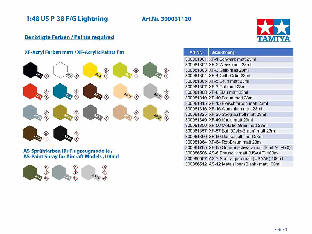 TAMIYA 61120 Lockheed P-38F/G Lighting 1/48 Scale Kit