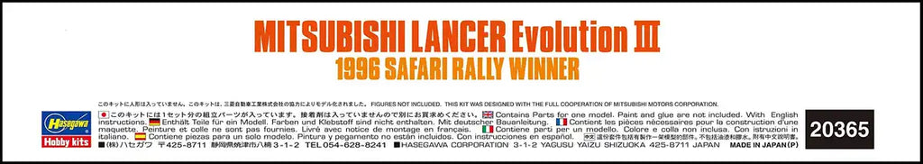 Hasegawa 20365 Mitsubishi Lancer Evolution III 1996 Safari Rally Winner 1/24 Plastic Cars
